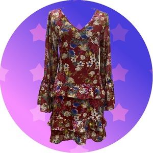 Boho ruffled wine-colored floral dress